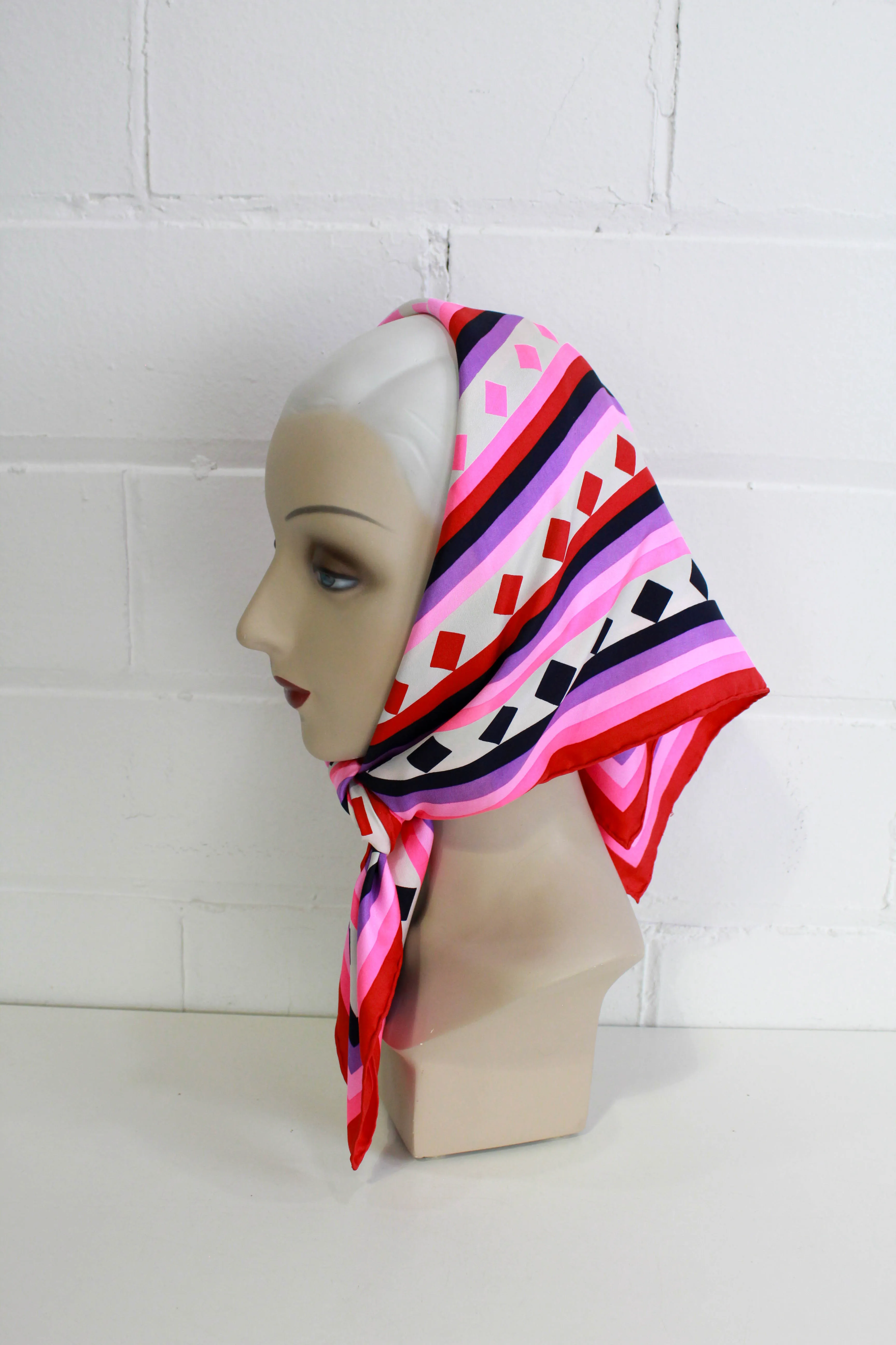 1970s Geoffrey Beene Silk Scarf, Bright Pink Geometric Print