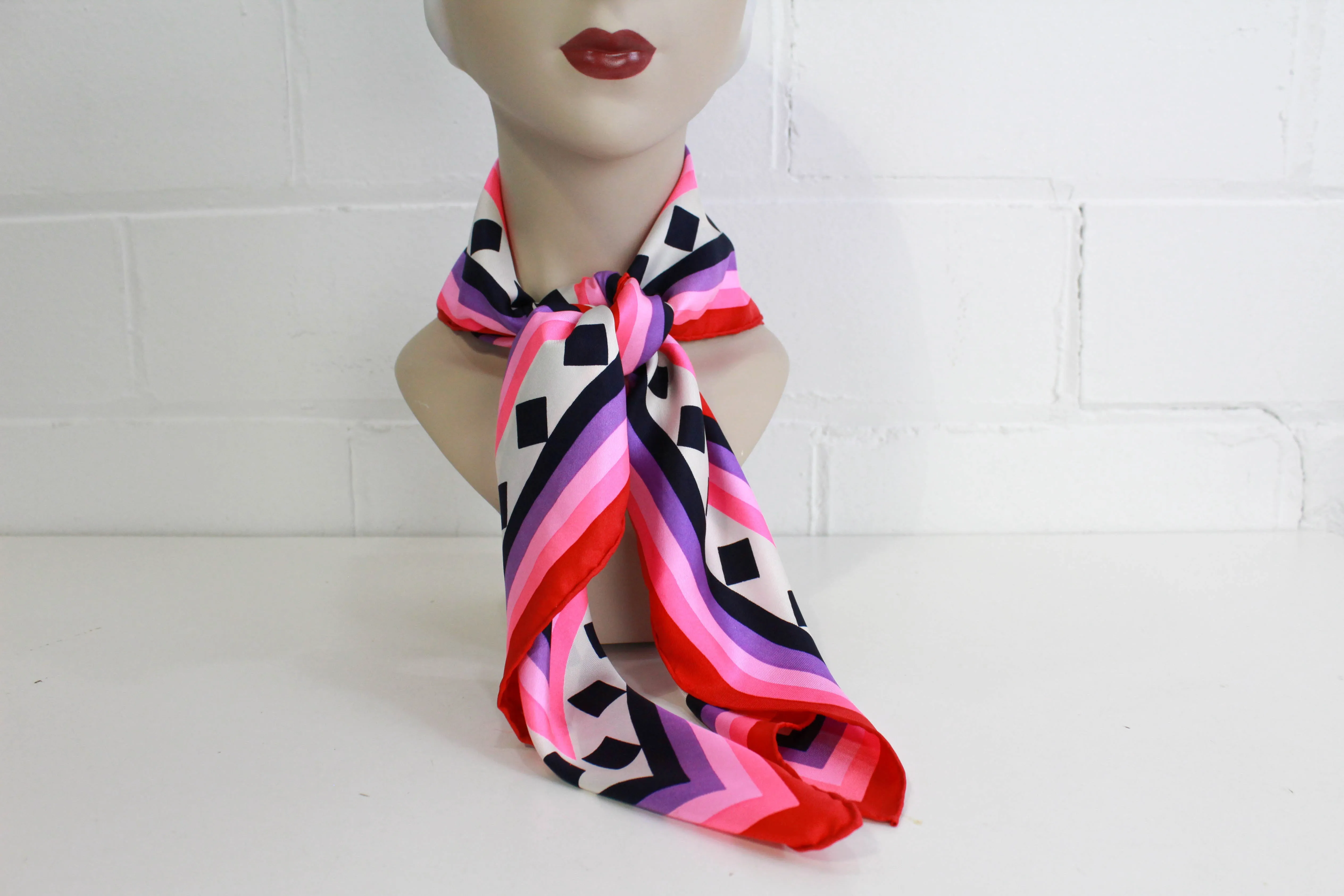 1970s Geoffrey Beene Silk Scarf, Bright Pink Geometric Print