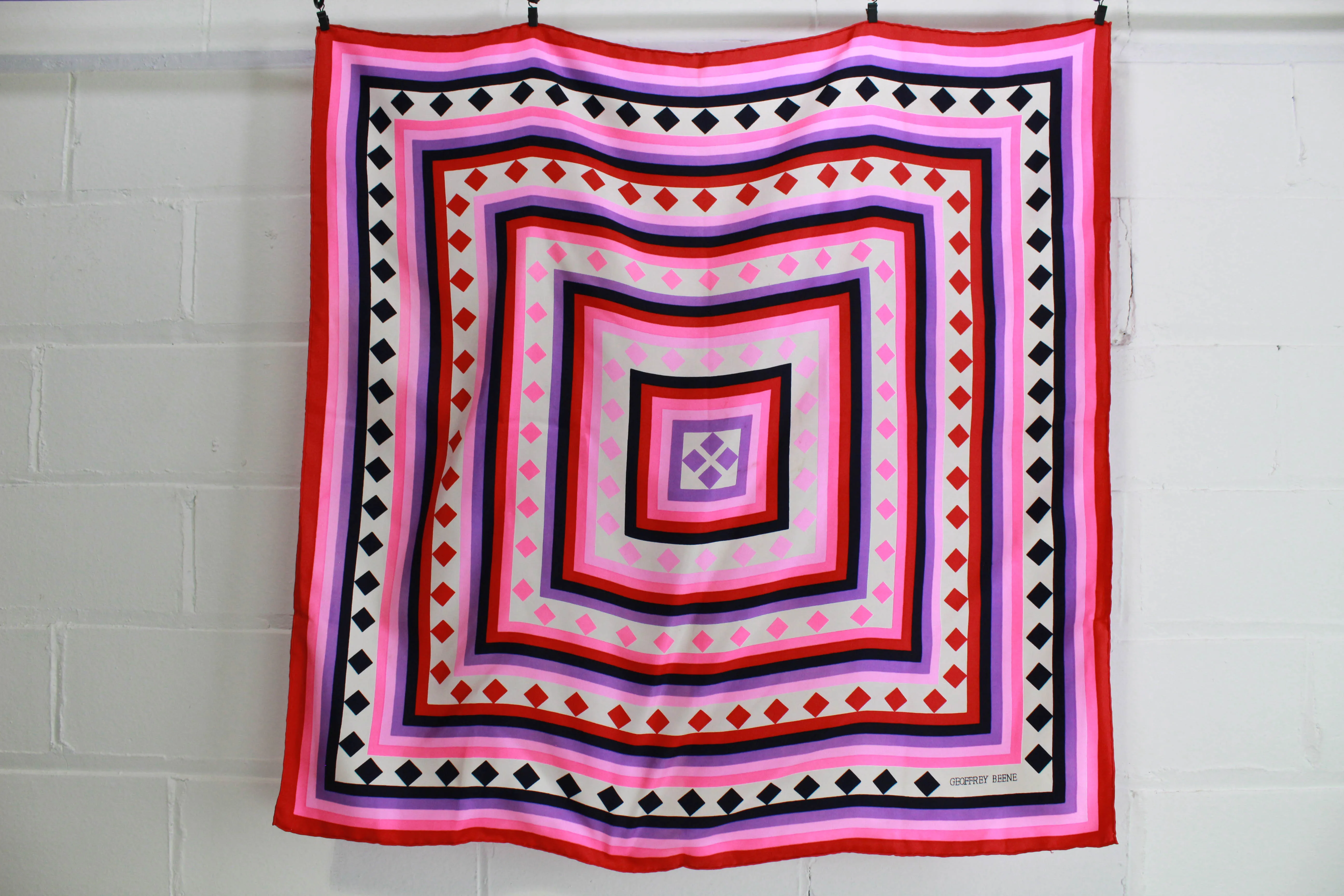 1970s Geoffrey Beene Silk Scarf, Bright Pink Geometric Print