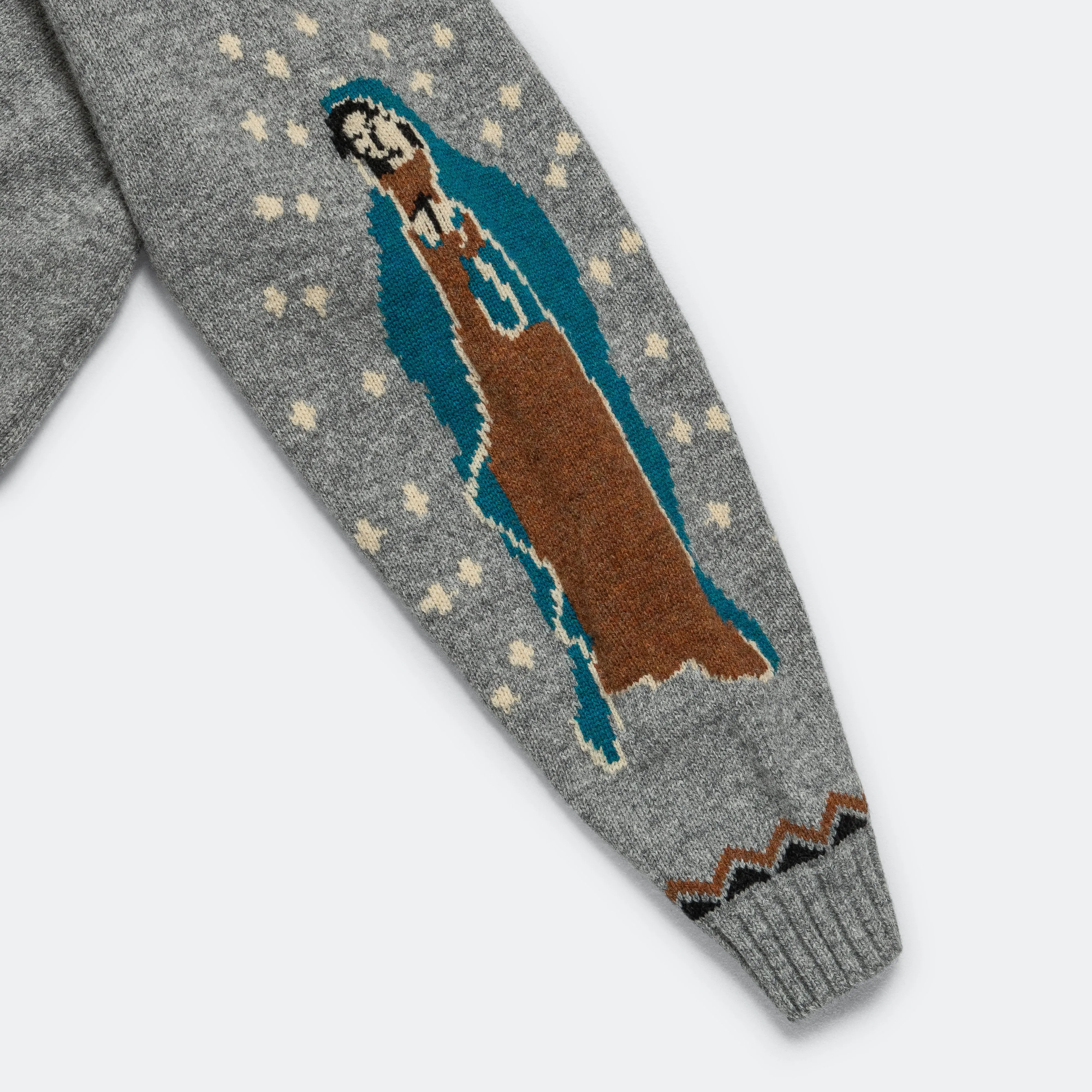 Cozy 5G Wool Elbow Patch Virgin Mary Nordic Sweater - Stylish Gray Design