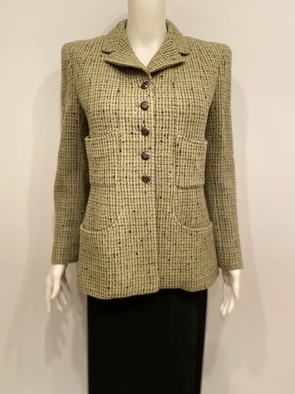 97A, 1997 Fall Vintage Chanel Green Tweed Jacket FR 42 US 6/8