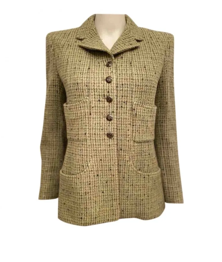 97A, 1997 Fall Vintage Chanel Green Tweed Jacket FR 42 US 6/8