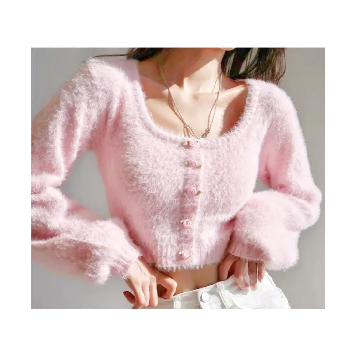 Baby Pink Rose Soft Girl Fuzzy Cropped Sweater