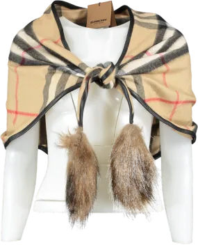 Burberry Beige 100% Cashmere Classic Check Scarf With Lamb Leather Trim And Faux-fur Tassels BNWT