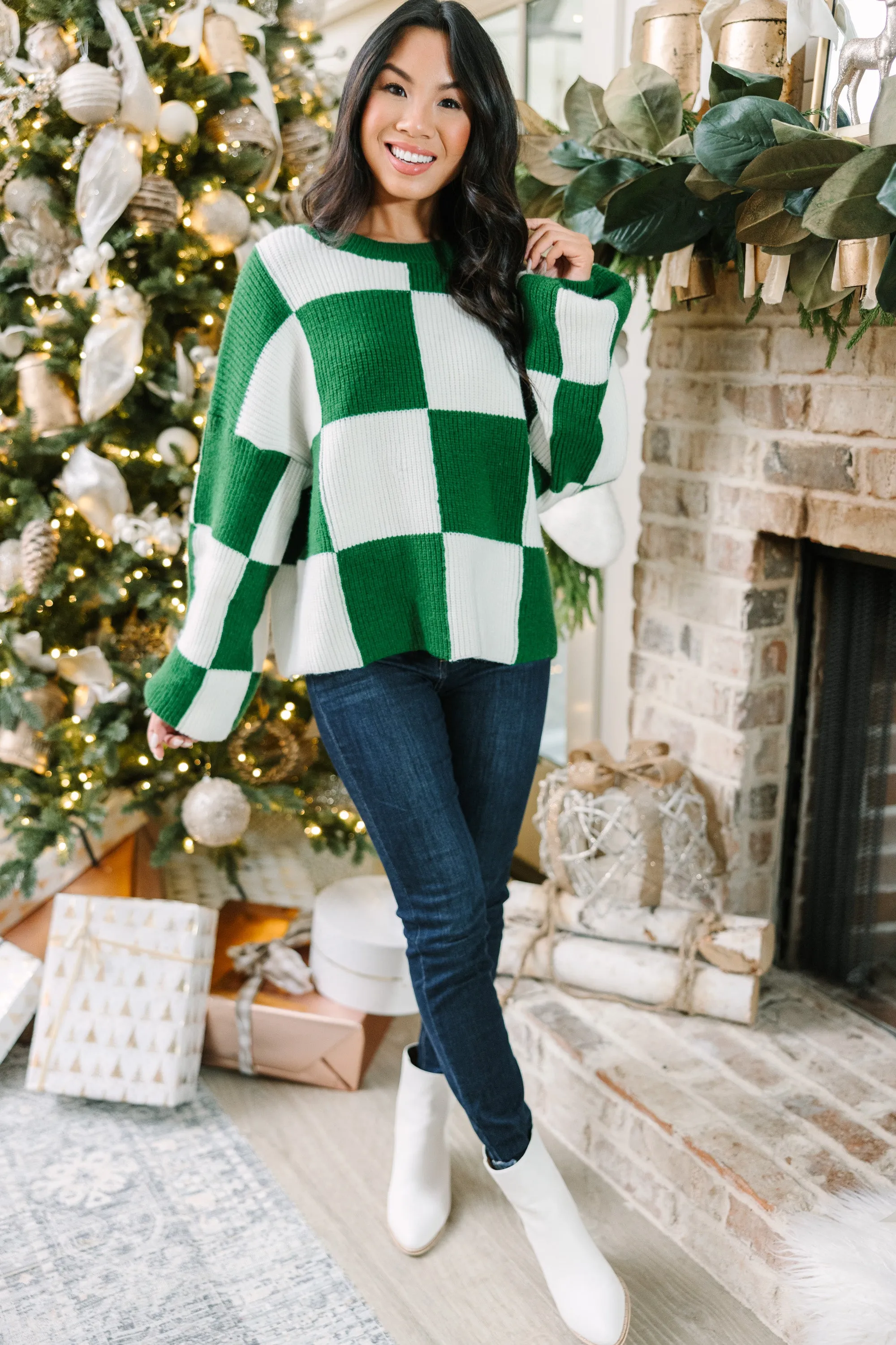 Can't Move On Emerald Green Checkered Sweater