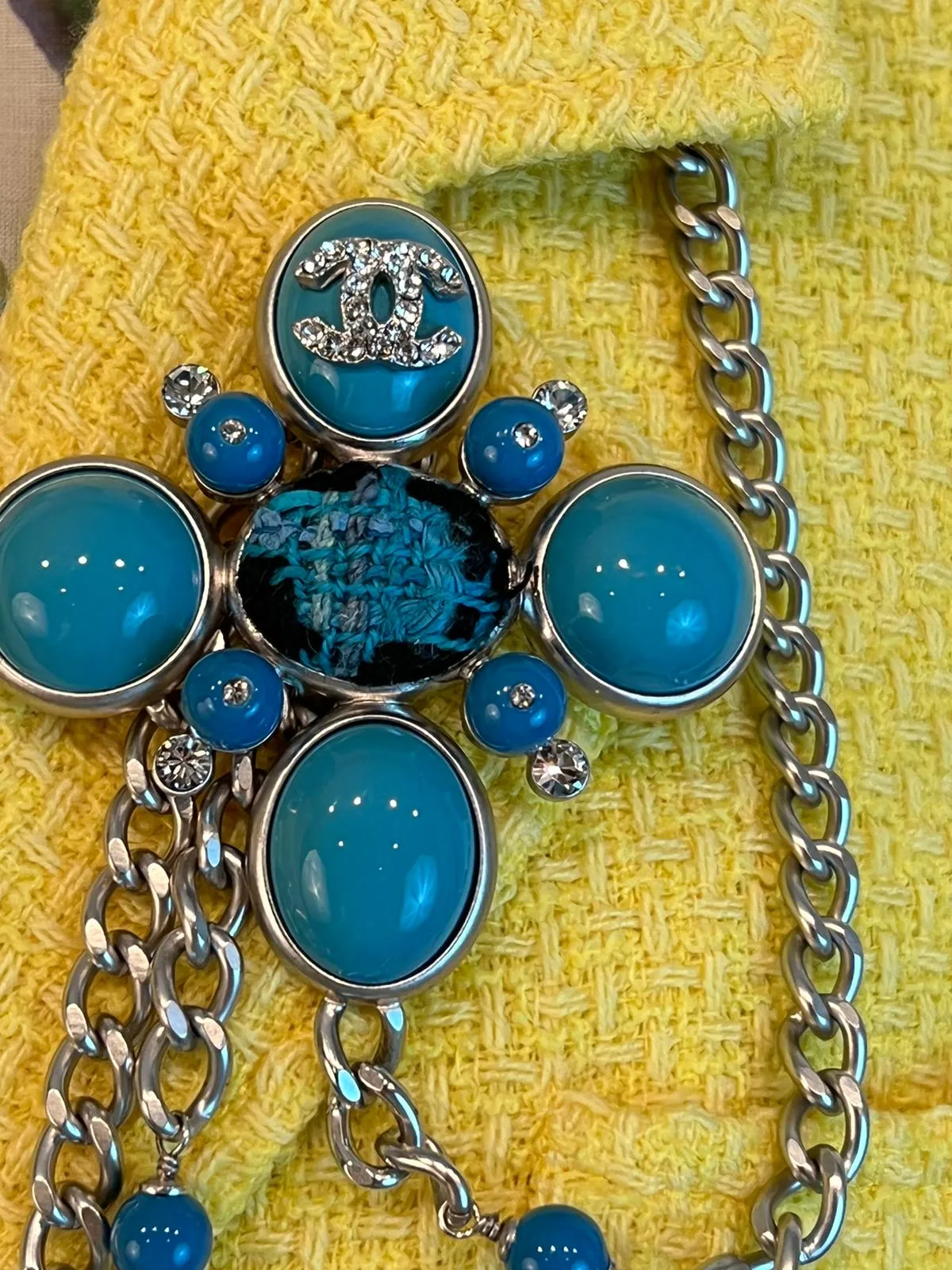 Chanel 07A 2007 Fall Turquoise Multi-Strand Tweed Crystal CC Silver Metal Necklace/Belt/Pin/Brooch