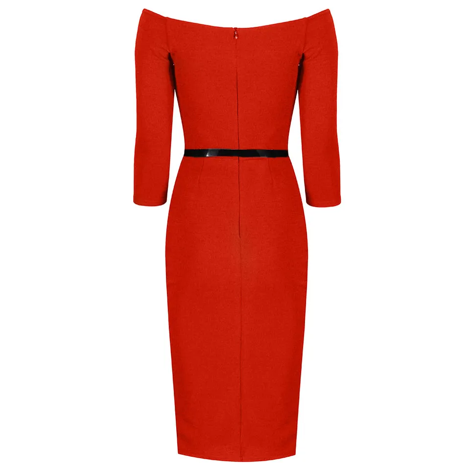 Cinnamon Orange Wide V Neck 3/4 Sleeve Belted Bodycon Pencil Dress