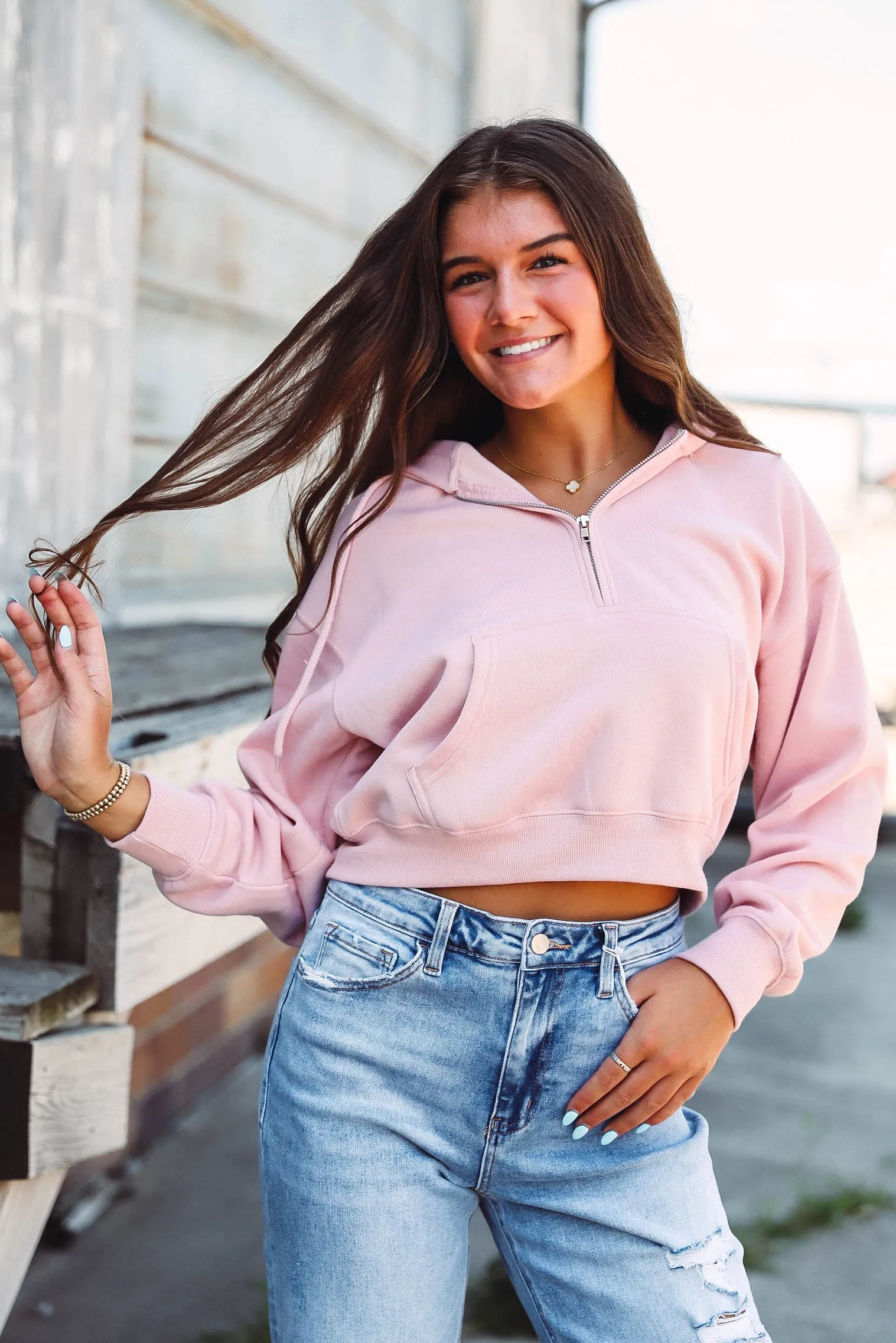 Cora Quarter Zip Pullover-Pink