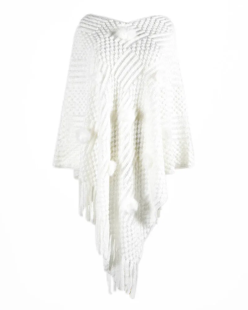 Haute Edition Women's Solid Fringed Sweater Poncho with Pom Poms. One size fits all (S-XL).