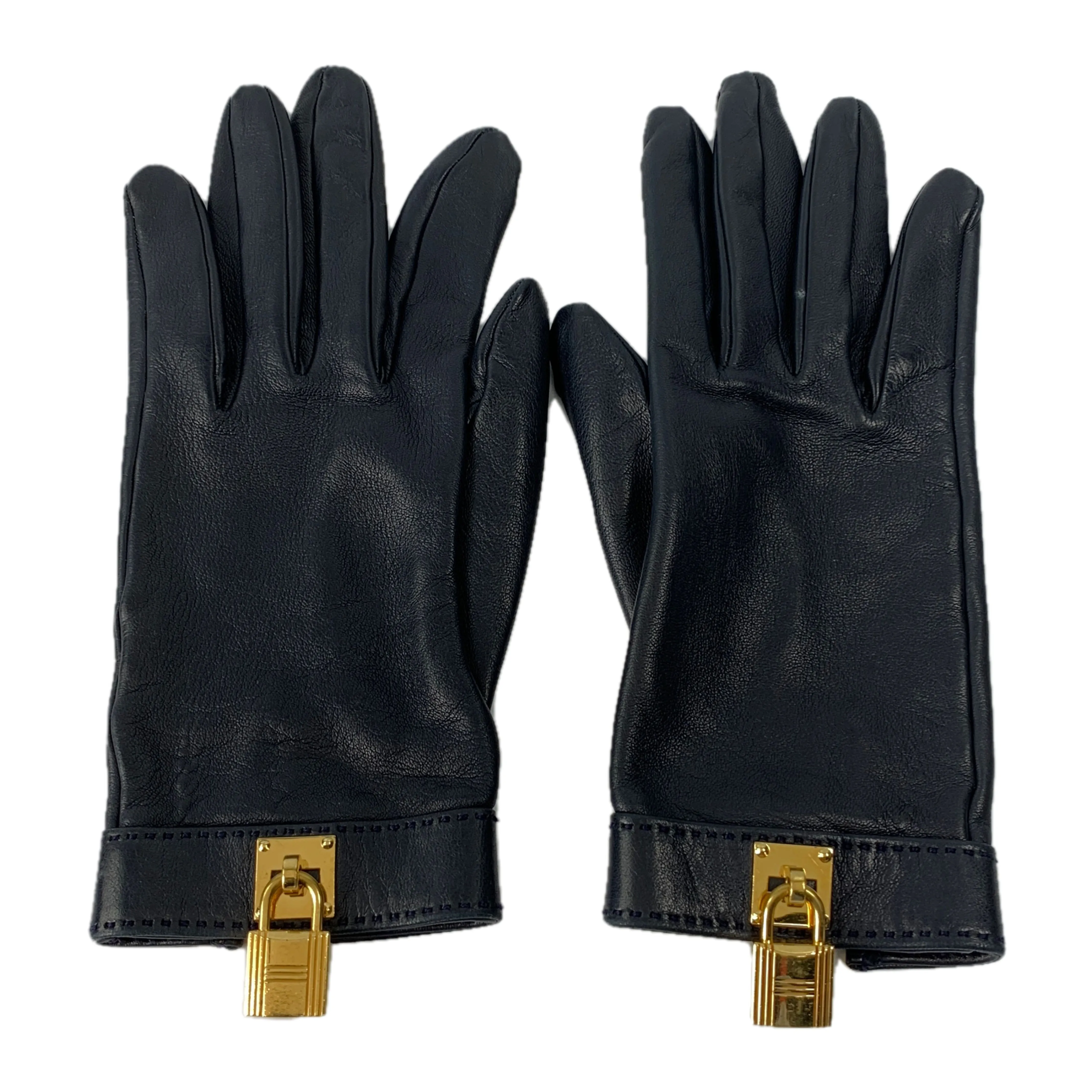 #HERMES/Gloves, Mittens/NVY/Leather/Plain