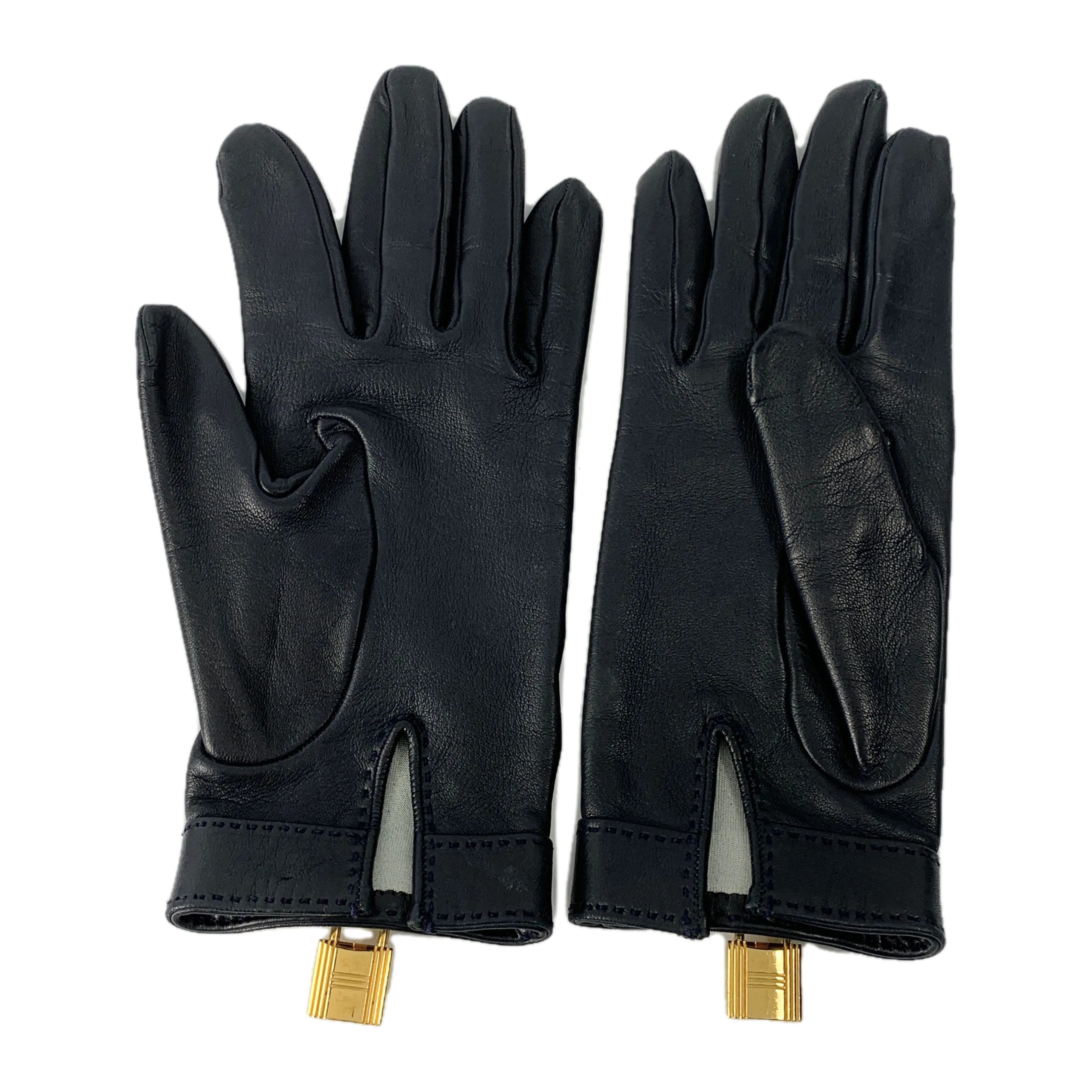 #HERMES/Gloves, Mittens/NVY/Leather/Plain