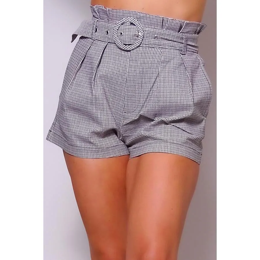 High Waisted Pleated & Belted Plaid Shorts