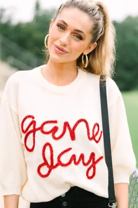 It's Game Day Ivory/Red Puff Sleeve Sweater