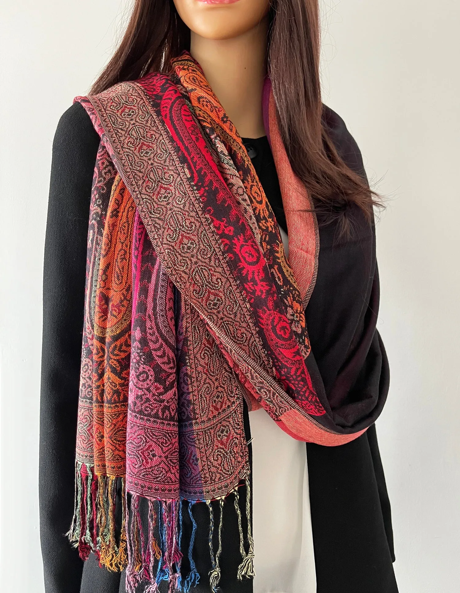 LARGE BLACK RAINBOW MULTI COLOUR PAISLEY PRINT PASHMINA SHAWL SCARF