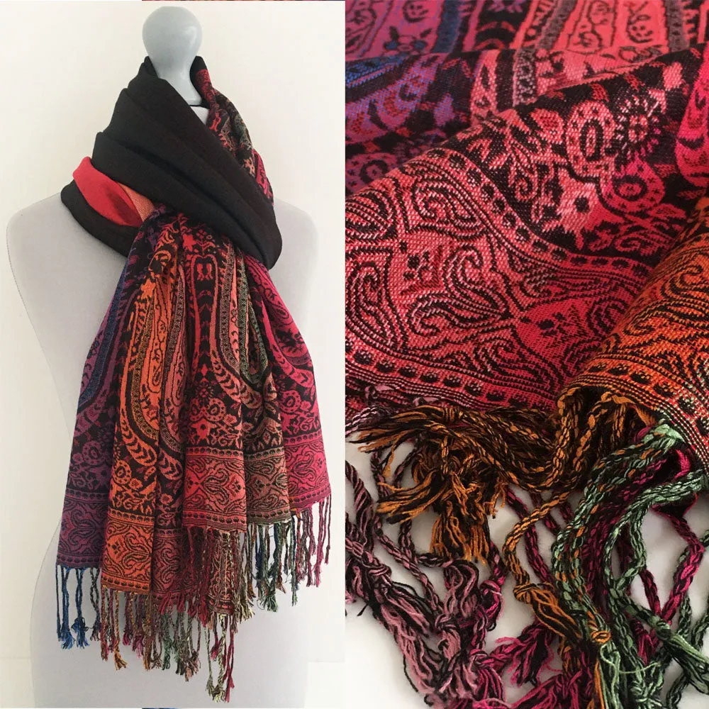 LARGE BLACK RAINBOW MULTI COLOUR PAISLEY PRINT PASHMINA SHAWL SCARF