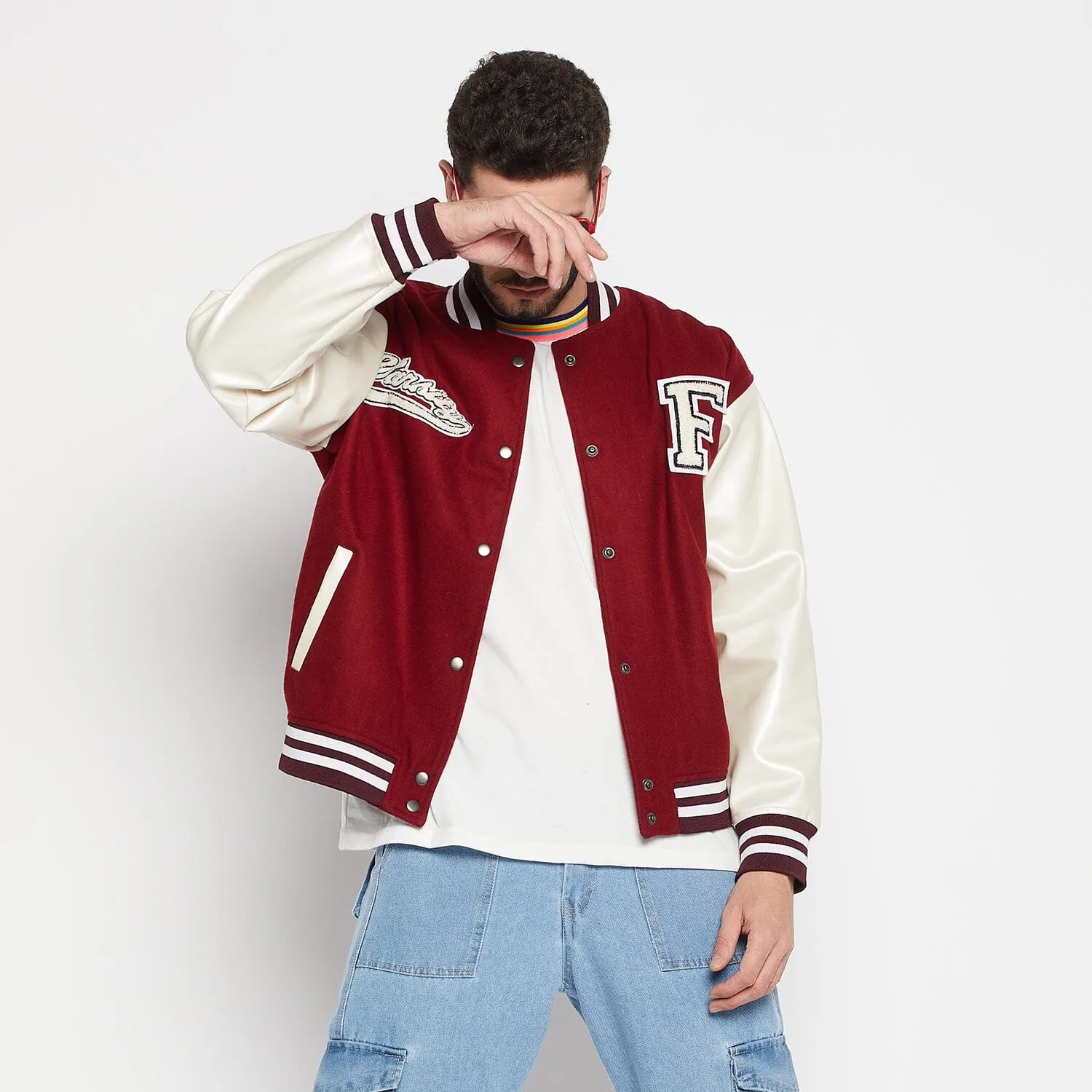 Maroon Woollen Faux Leather Sleeves Letterman Varsity Jacket