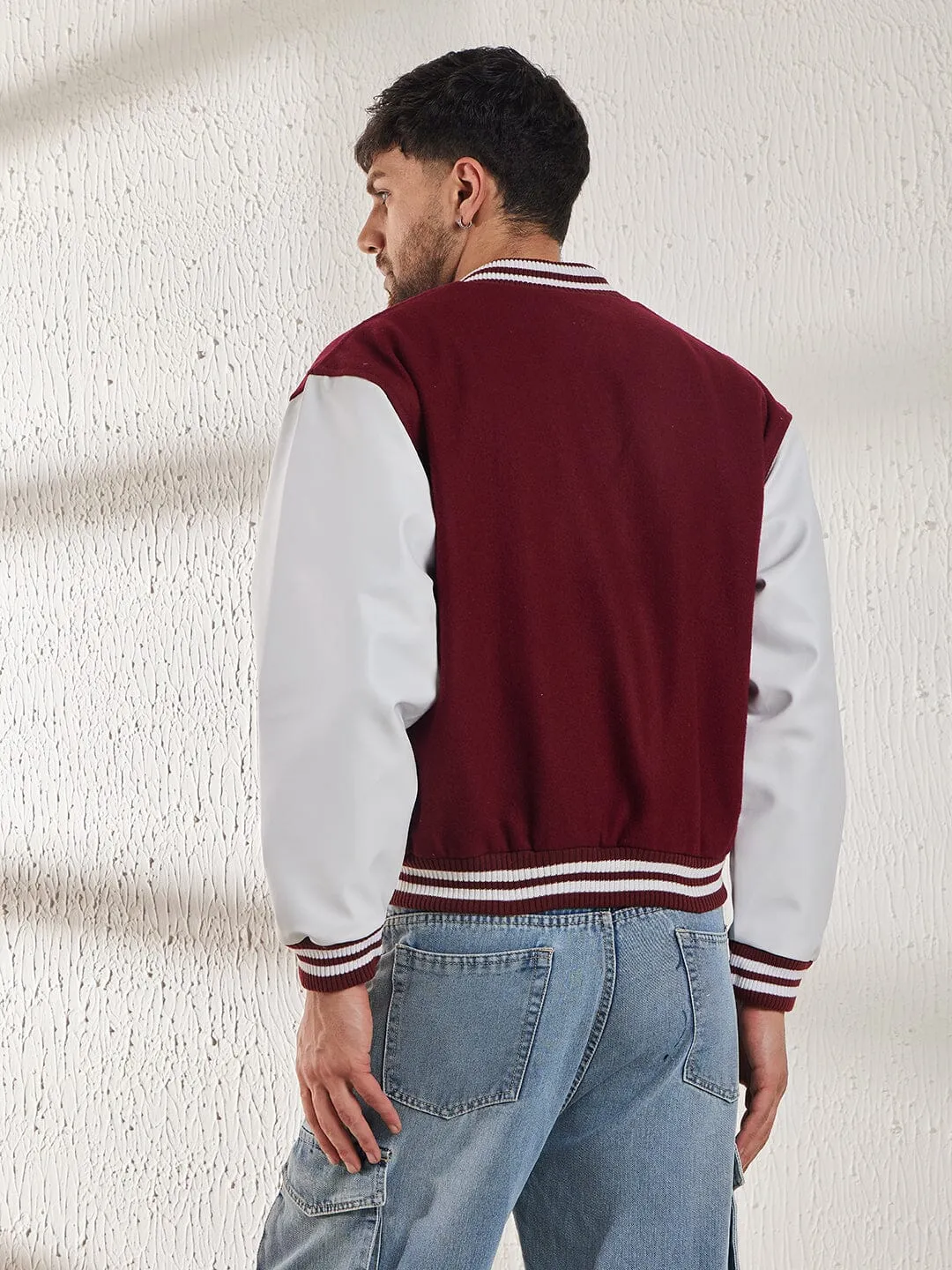 Maroon Woollen Faux Leather Sleeves Letterman Varsity Jacket