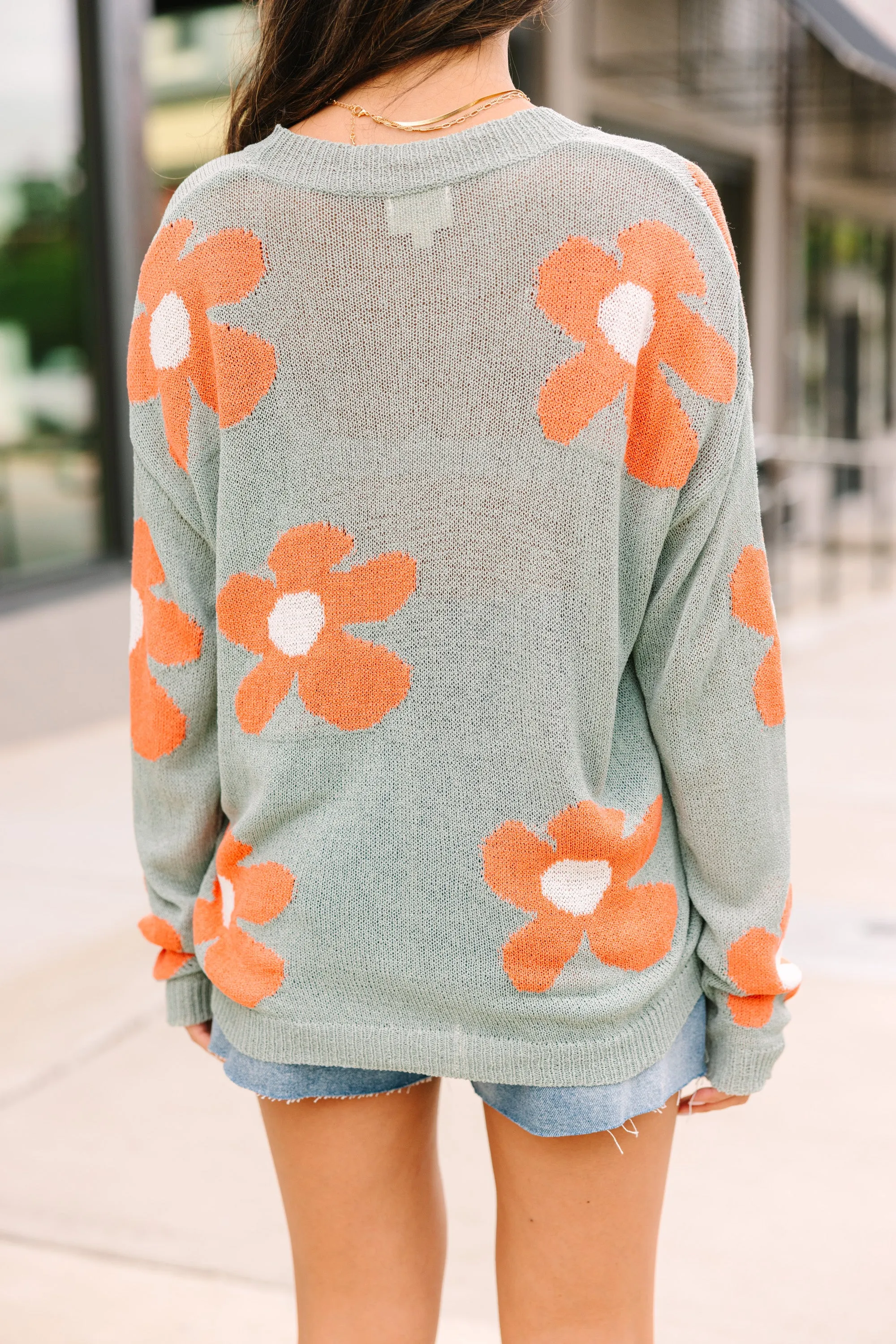 Petal Perfect Dusty Sage Green Floral Sweater