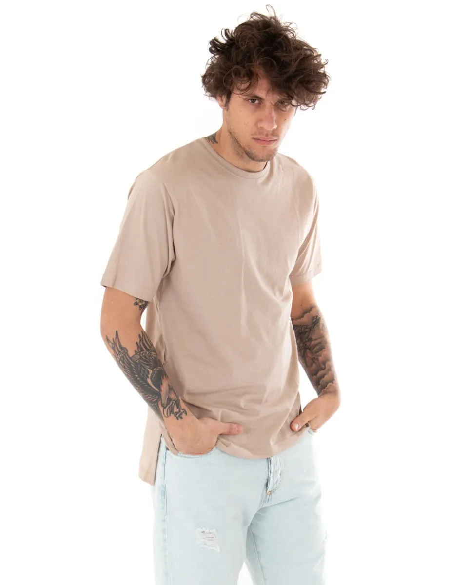 T-shirt Uomo Basic Tinta Unita Beige Girocollo Manica Corta Casual Spacchi GIOSAL-TS2933A