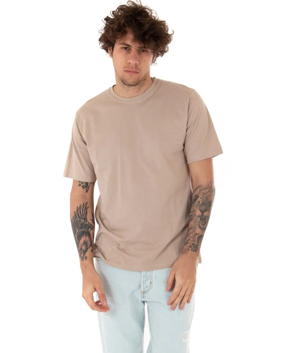 T-shirt Uomo Basic Tinta Unita Beige Girocollo Manica Corta Casual Spacchi GIOSAL-TS2933A