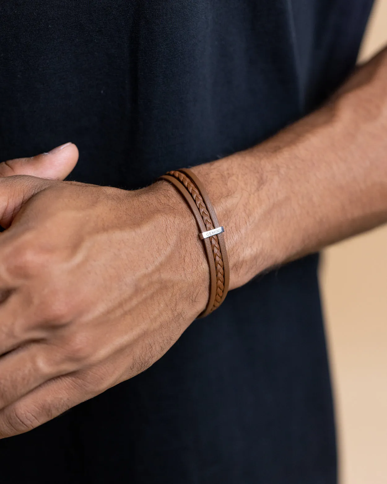 Triple light brown Italian nappa leather bracelet with silverplated finish