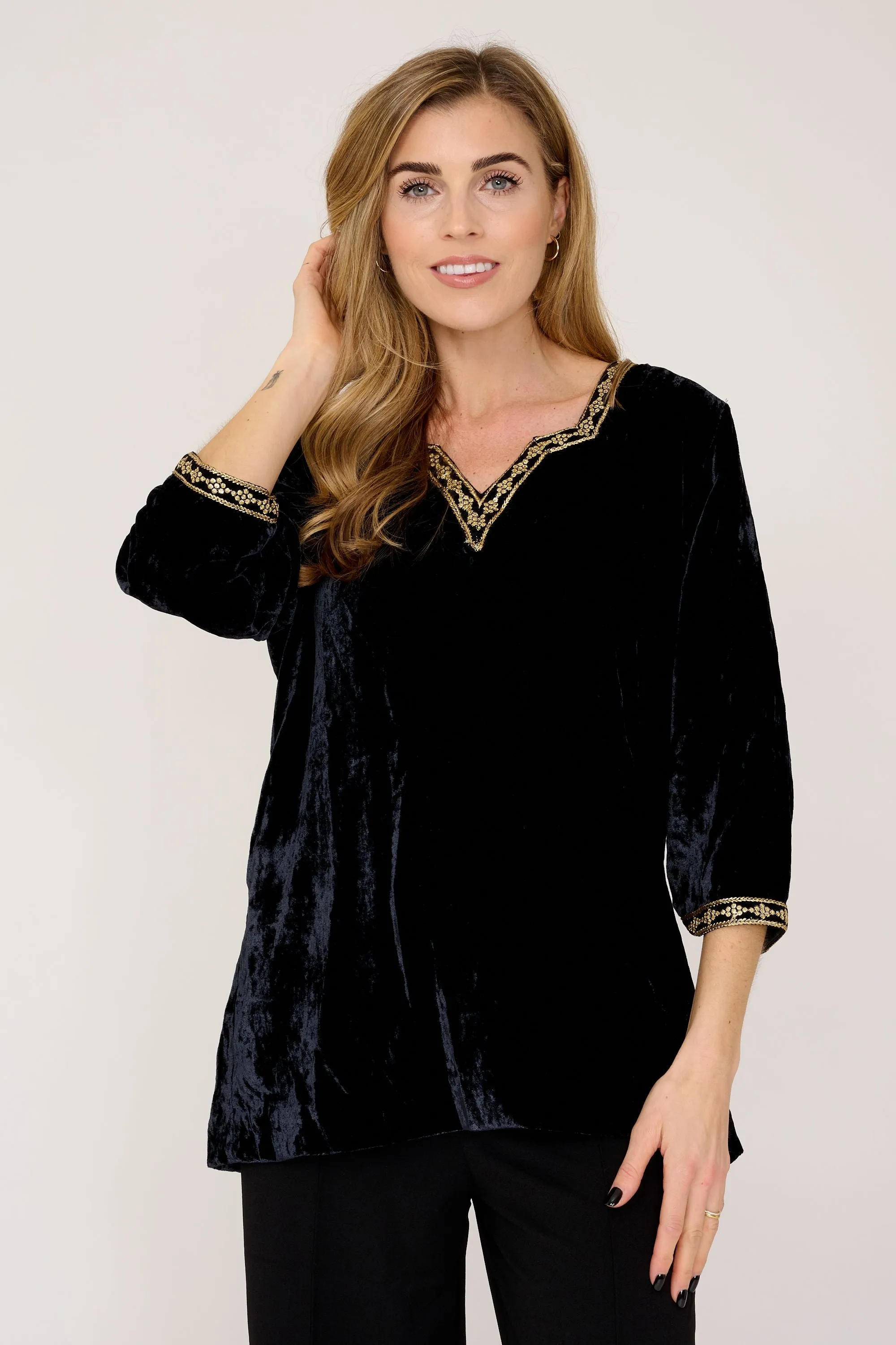 Velvet Shirt with Gold Detailing in Black