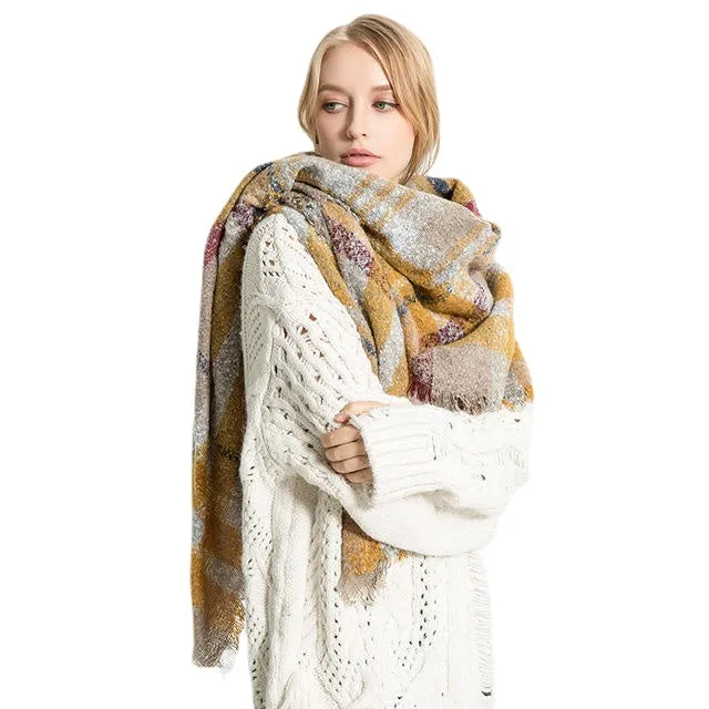 Women's Color Matching Lattice Scarf Ladies Warm Scarf Buttoned Crochet Wrap Pattern