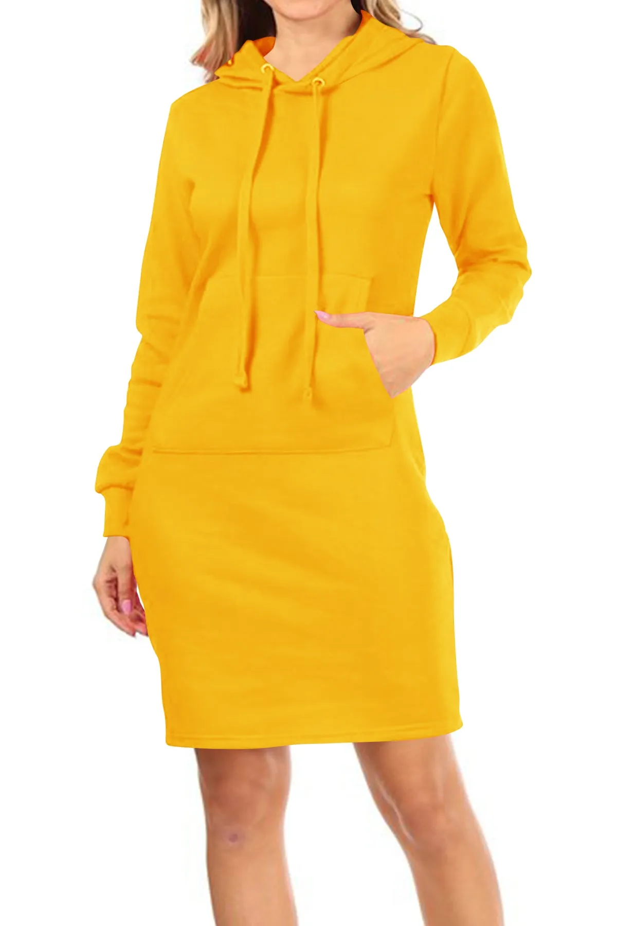 Women's Long Sleeve Fleece Pull On Mini Midi Solid Hooded Dress